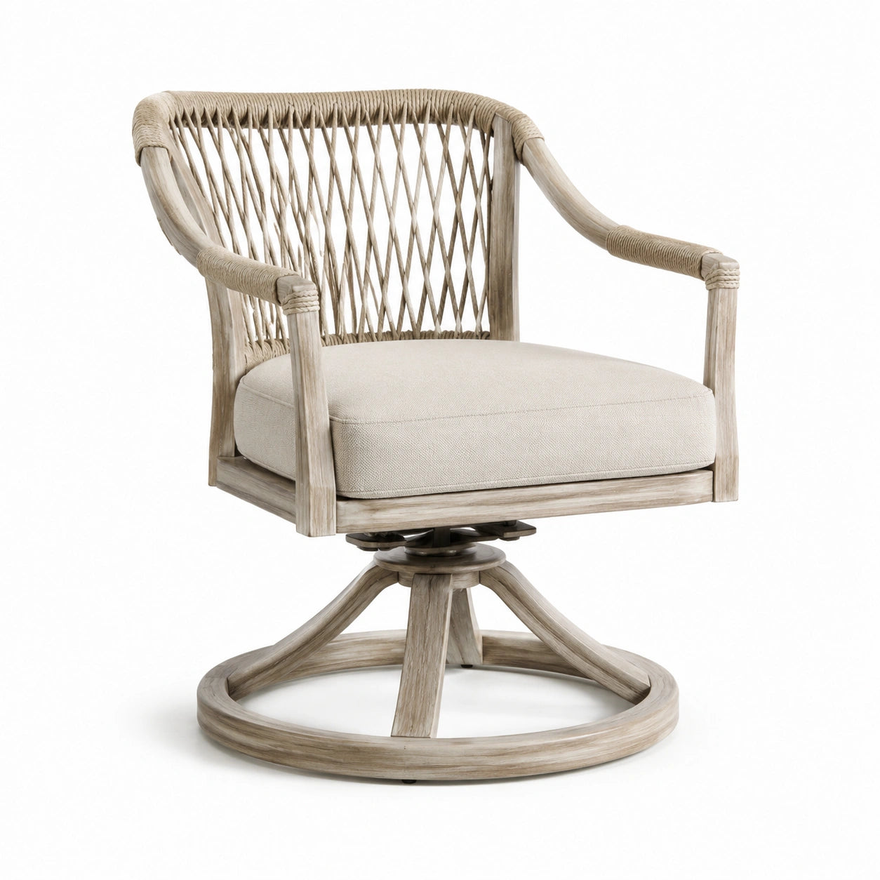 Fauteuil pivotant en bois et rotin avec coussin beige