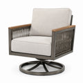 Fauteuil pivotant en métal avec accoudoirs en teck et coussins en polyester gris clair