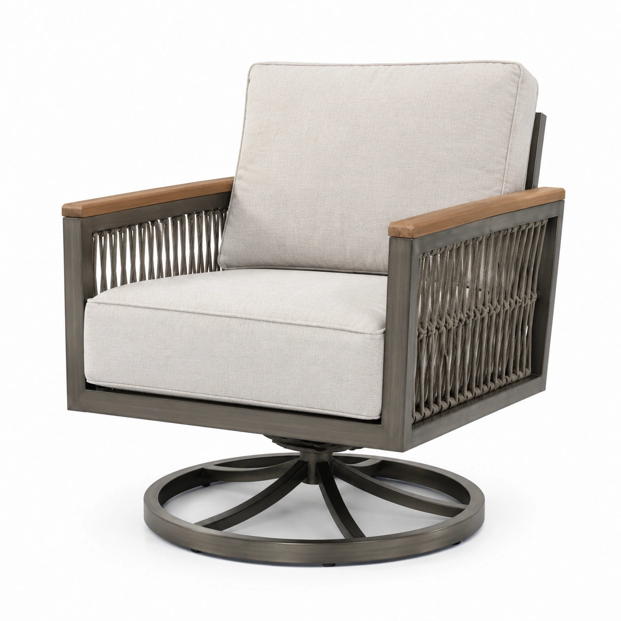 Fauteuil pivotant en métal avec accoudoirs en teck et coussins en polyester gris clair