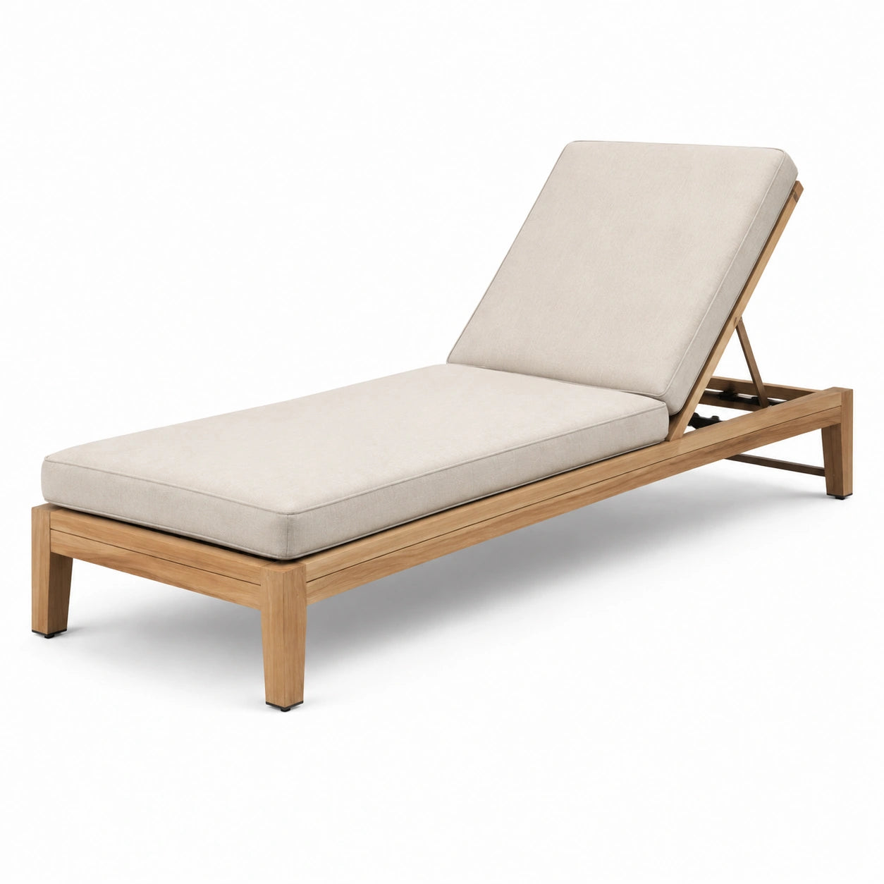 Chaise longue bain de soleil en teck avec coussin en polyester beige