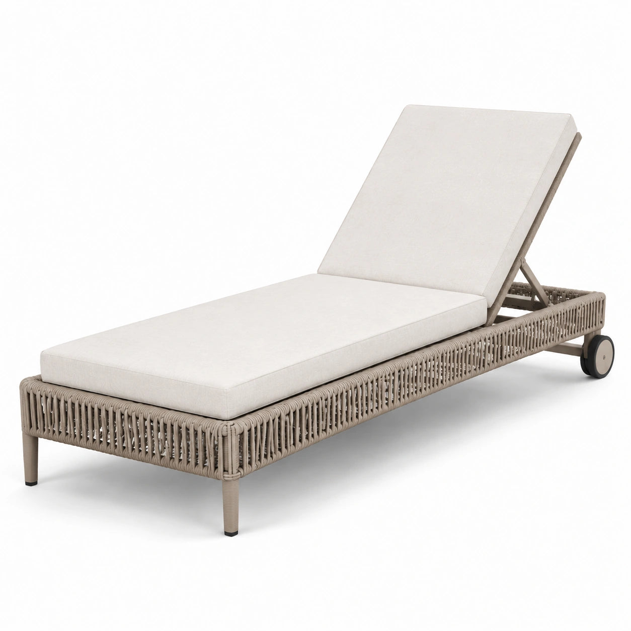 Chaise Longue de Jardin en Résine Tressée avec Coussin Réglable Beige