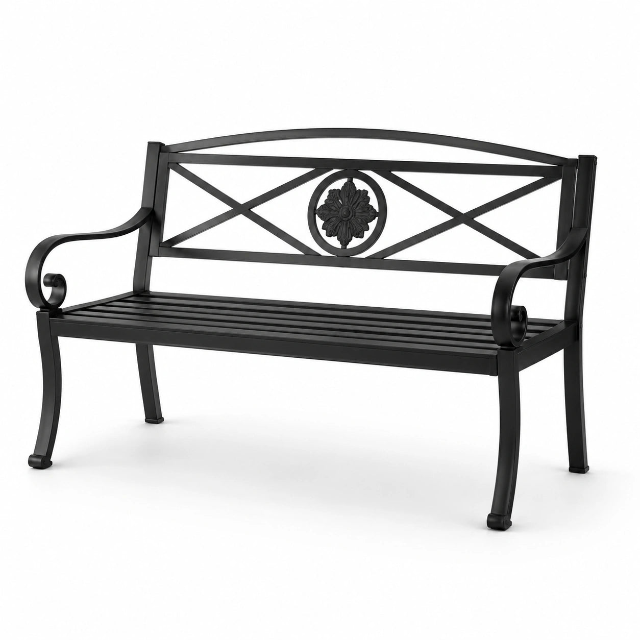 Banc de jardin en métal noir avec motif floral