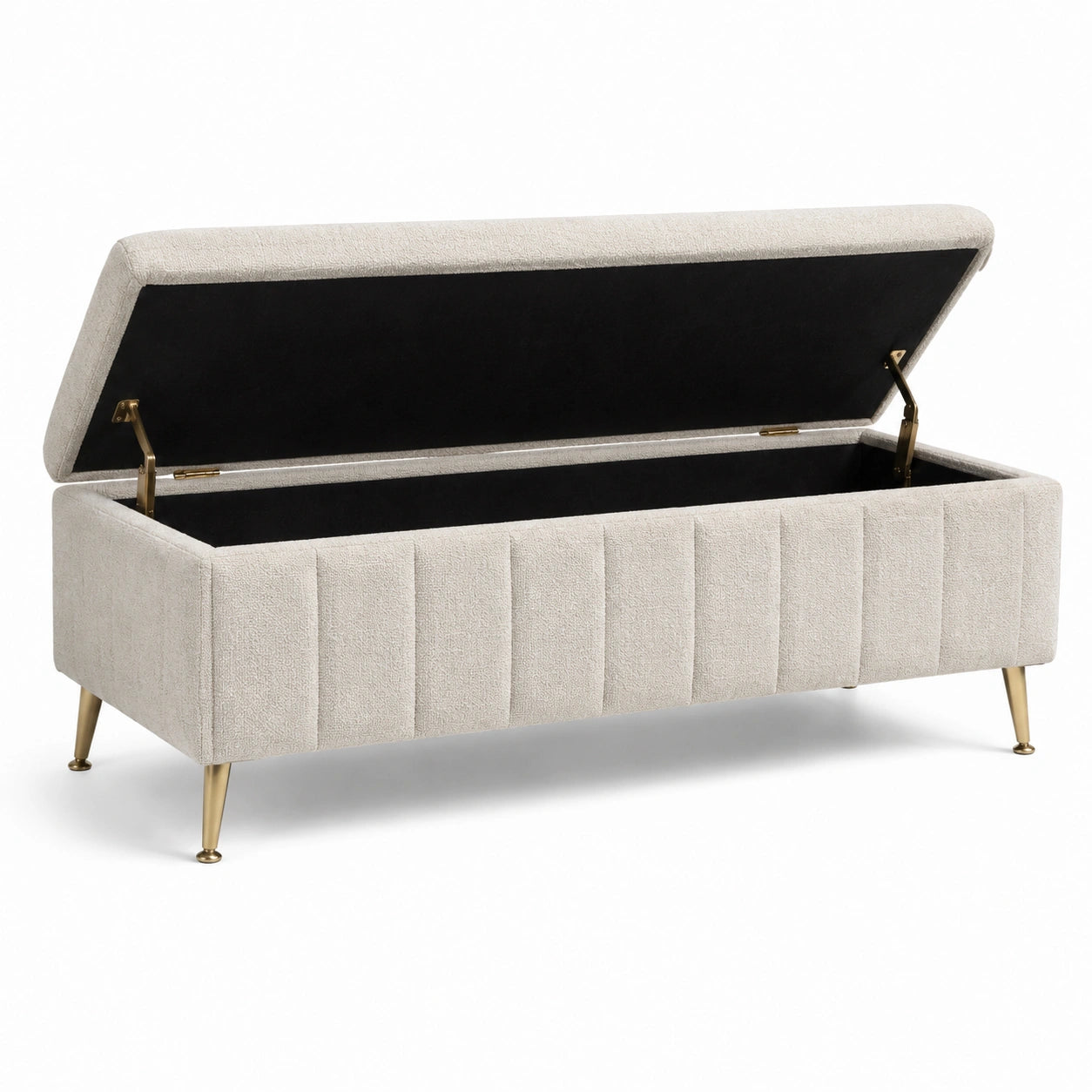 Banc de rangement en tissu avec pieds en métal doré 120 cm beige