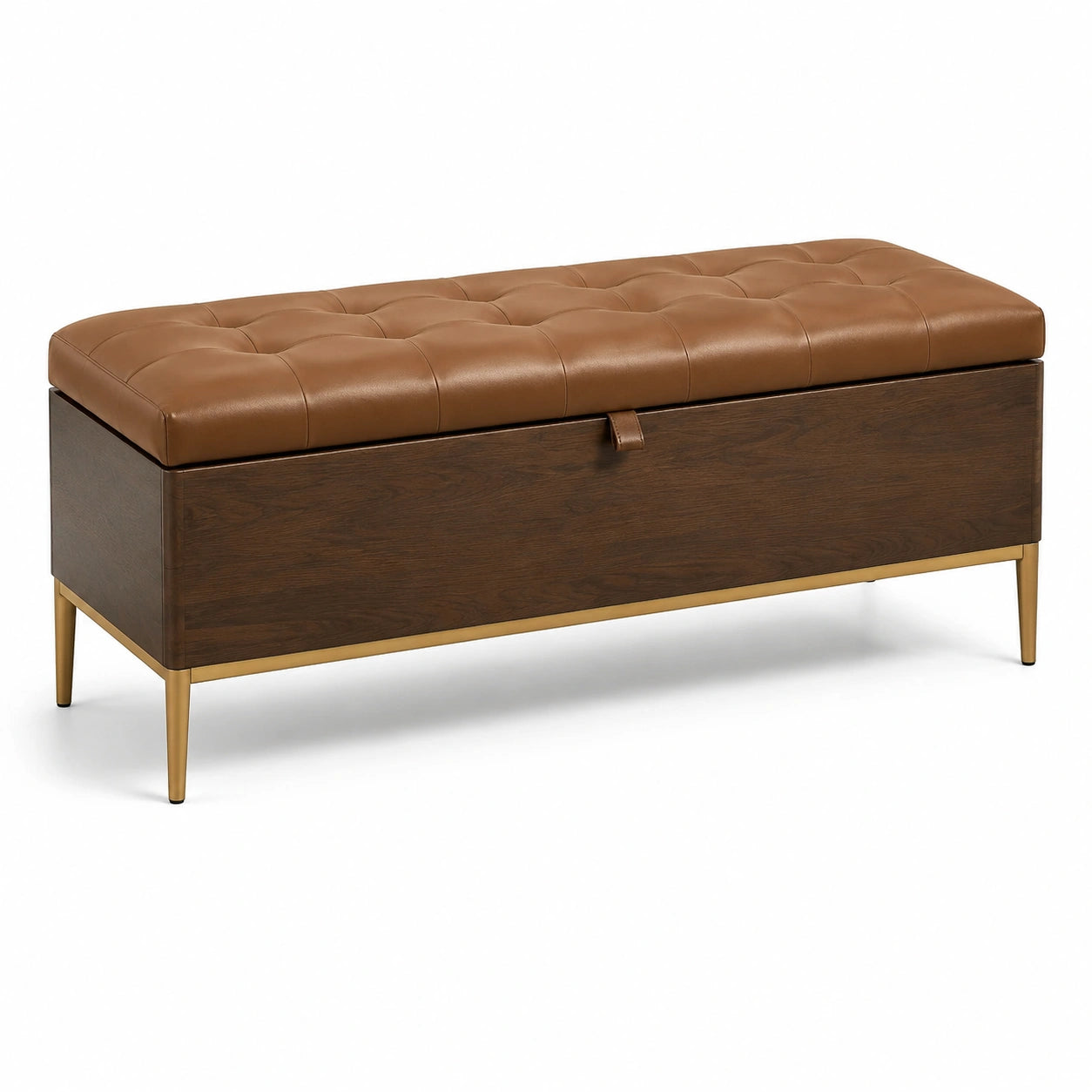 Banc de rangement en bois avec siège en cuir synthétique brun
