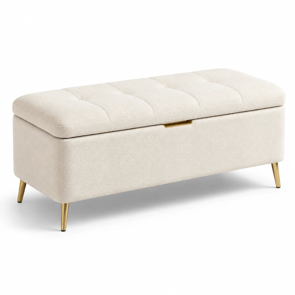 Banc de rangement en tissu beige avec pieds en métal