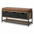 Banc en métal avec coussin en cuir synthétique marron et tiroirs en MDF