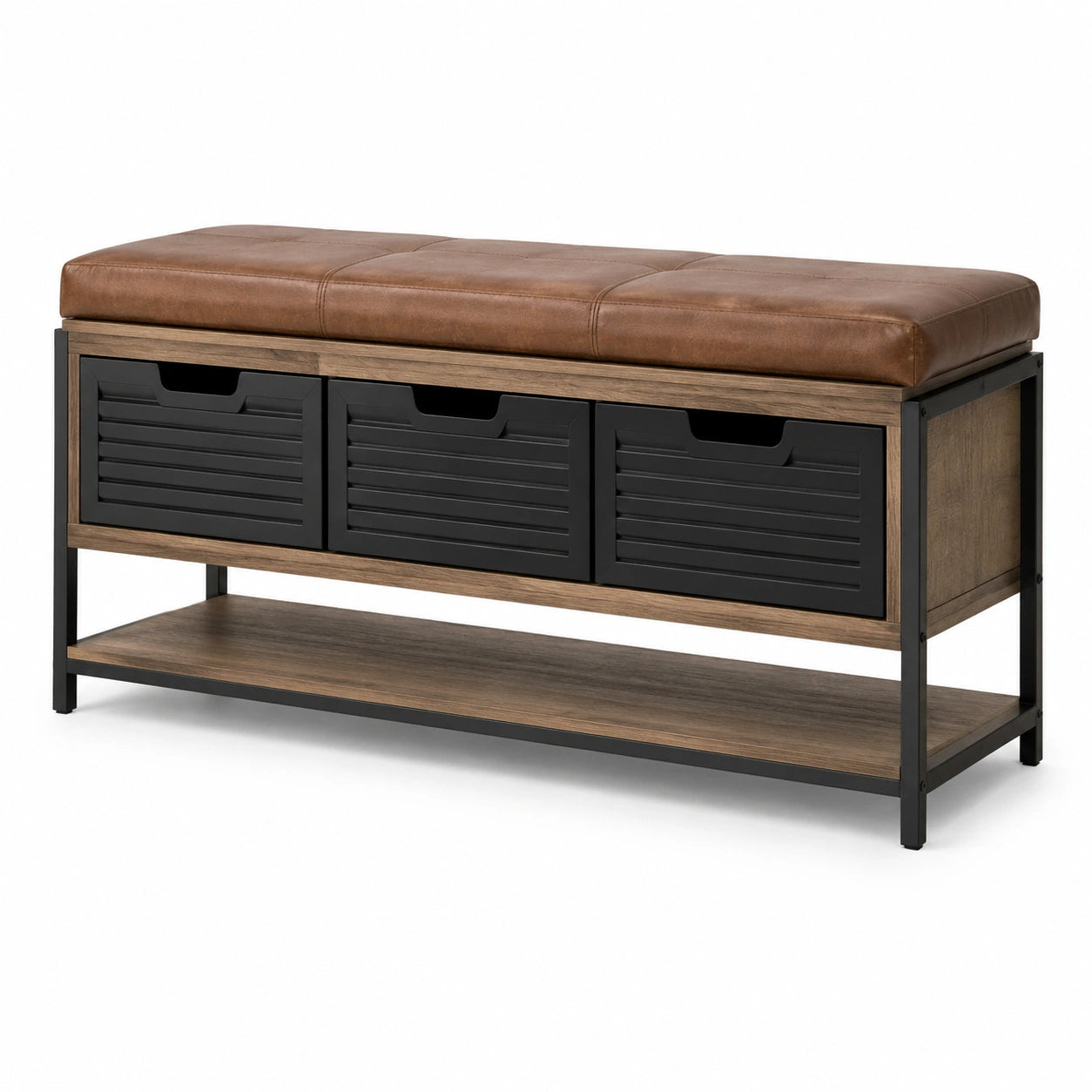 Banc en métal avec coussin en cuir synthétique marron et tiroirs en MDF