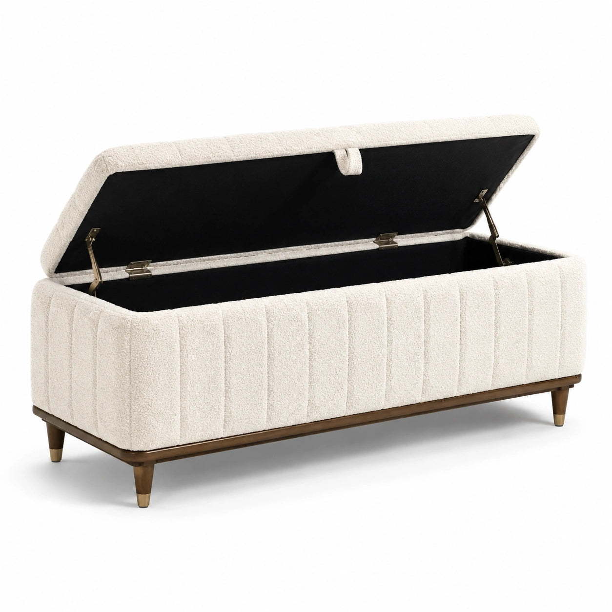 Banc de rangement en tissu bouclé blanc avec base en bois