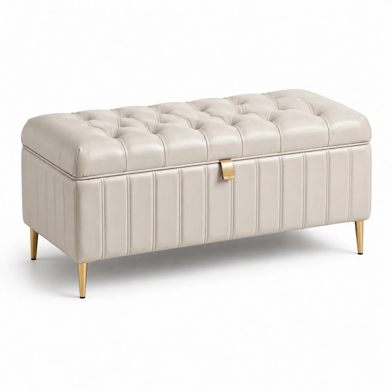 Banc de rangement rectangulaire en cuir synthétique avec pieds en métal doré 120x45x40 cm beige