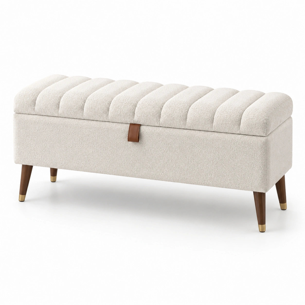 Banc de rangement en bois et tissu beige avec détails en cuir