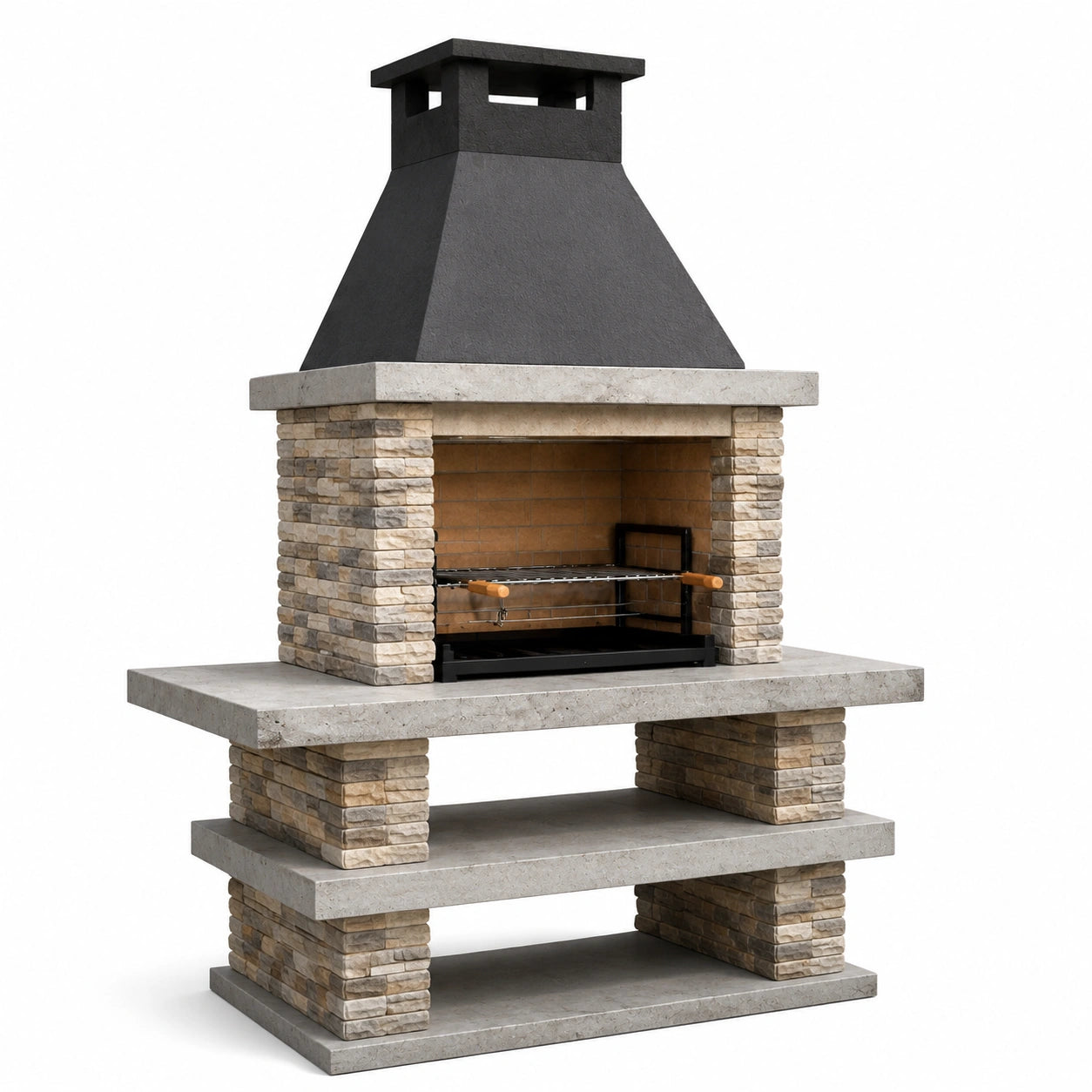 Barbecue en béton avec cheminée en pierre et grille en acier inoxydable Gris/Noir