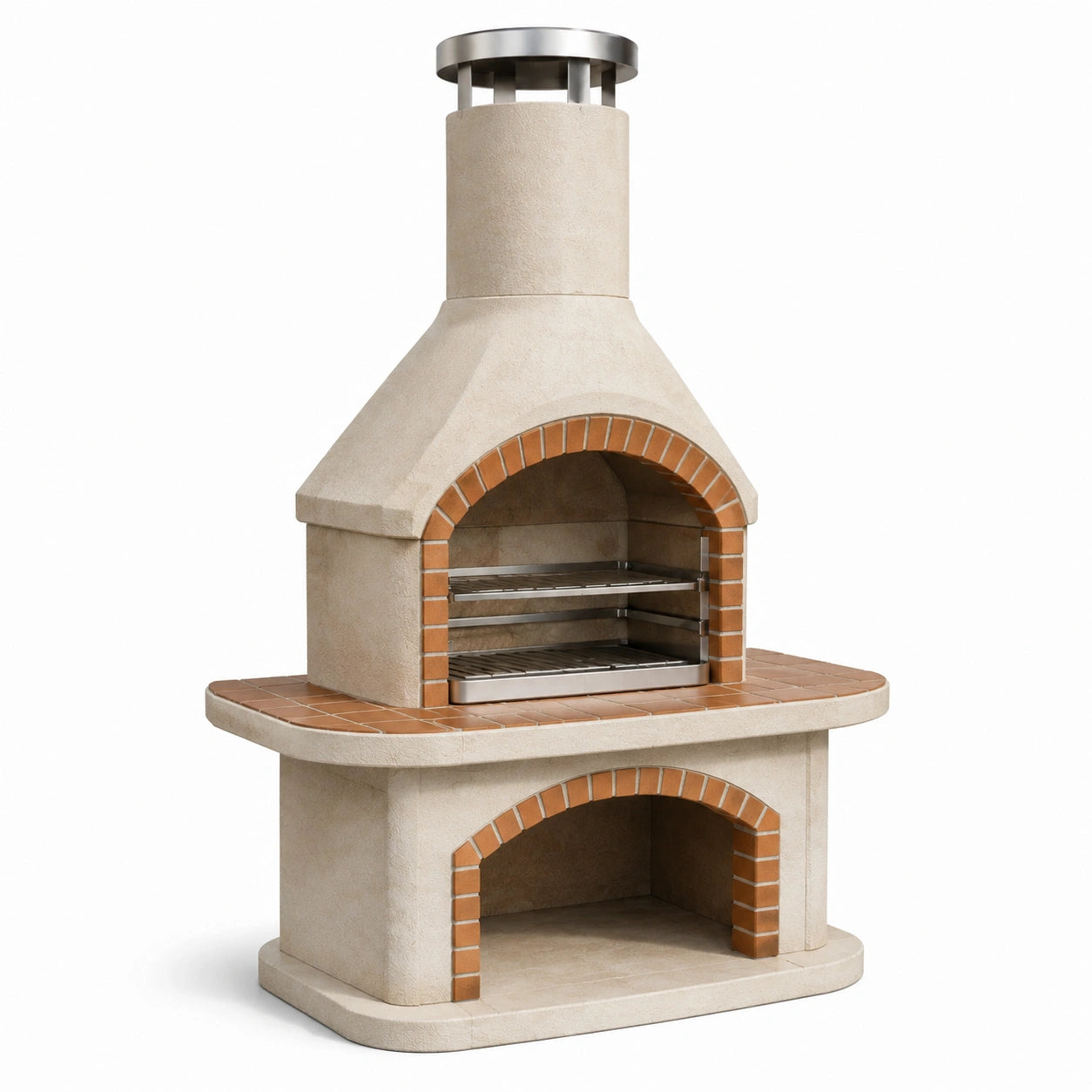 Barbecue fixe en pierre et béton avec cheminée extérieure 120x70x200 cm beige/rouge
