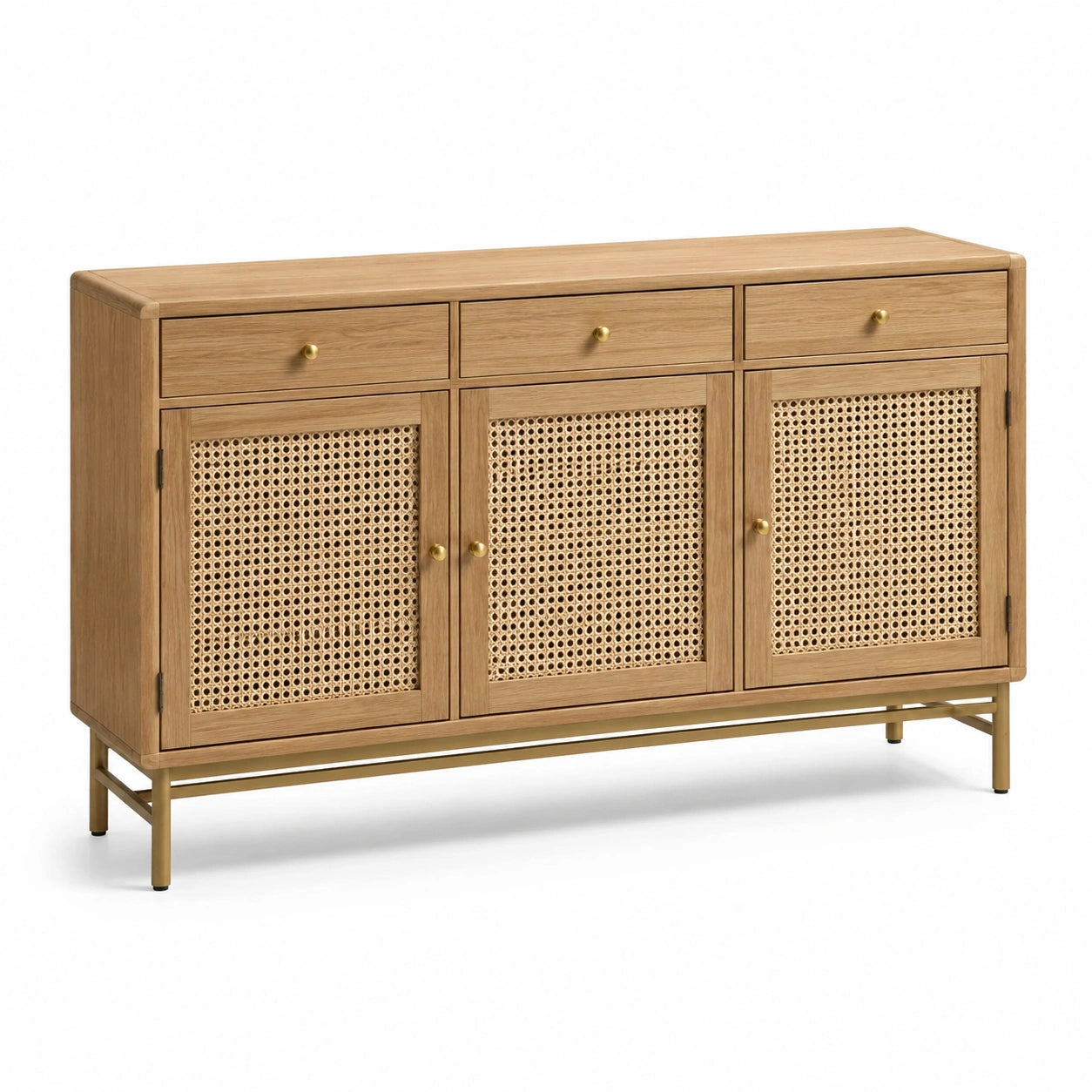 Buffet en bois de chêne et rotin avec pieds en métal doré 150x40x85 cm