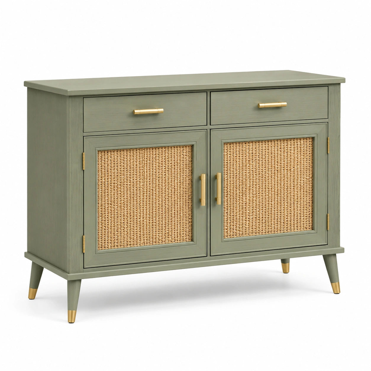 Buffet en bois avec portes en rotin et tiroirs, 90x40x80 cm, vert