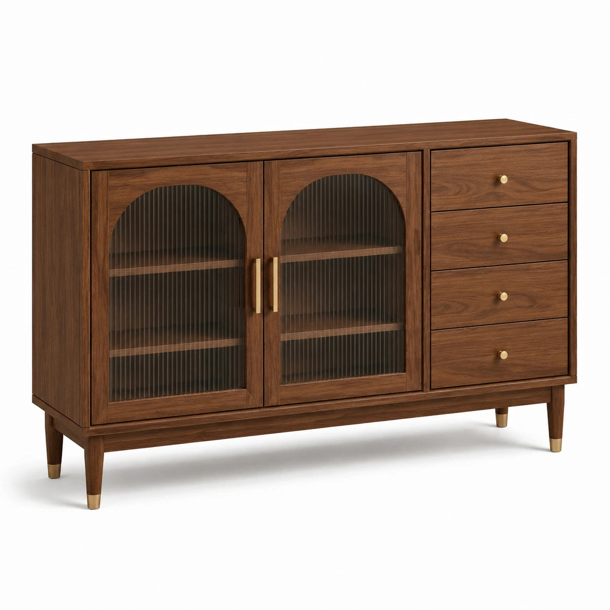 Buffet en bois avec portes en verre cannelé et tiroirs en bois marron