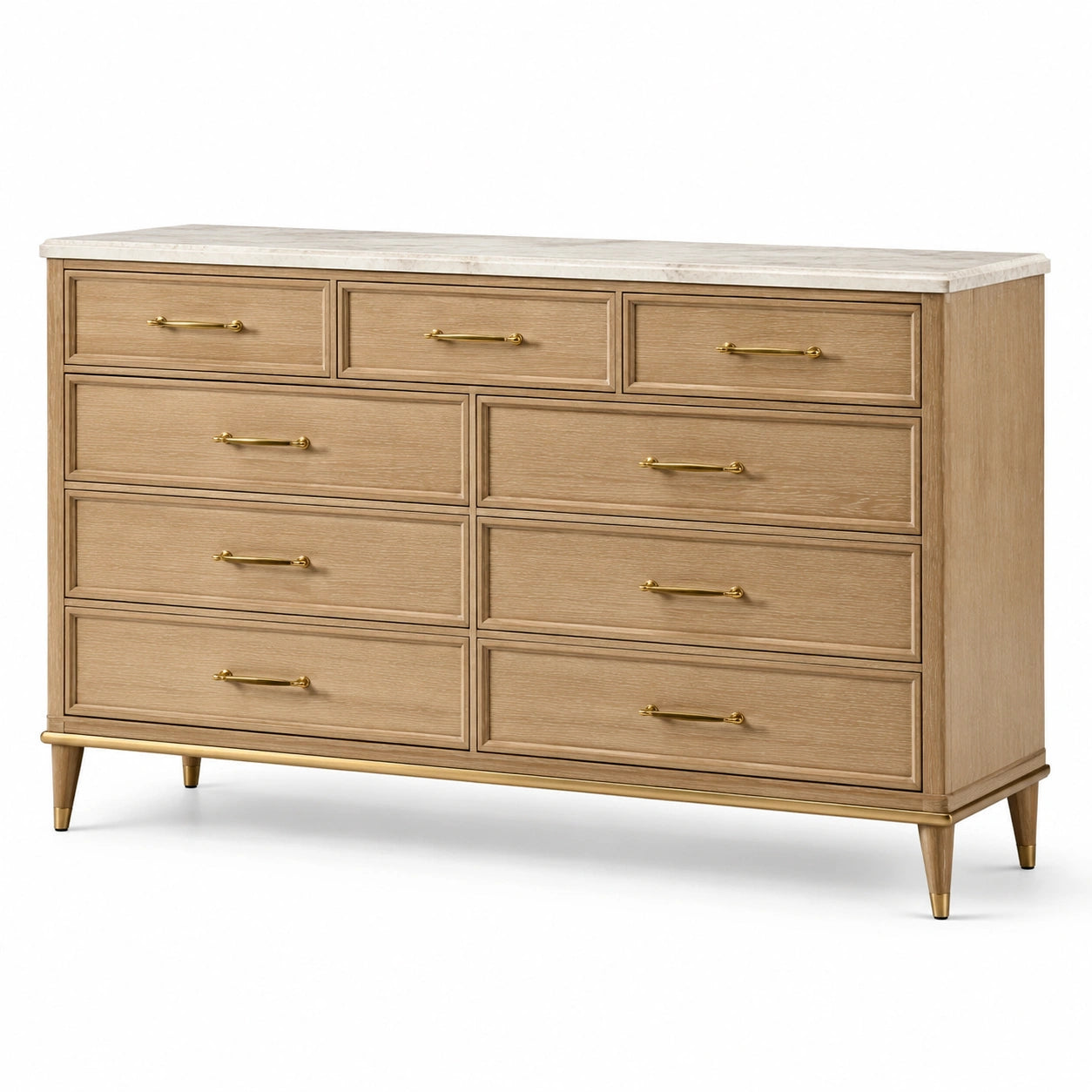 Commode en bois de chêne clair avec poignées en laiton doré et dessus en marbre