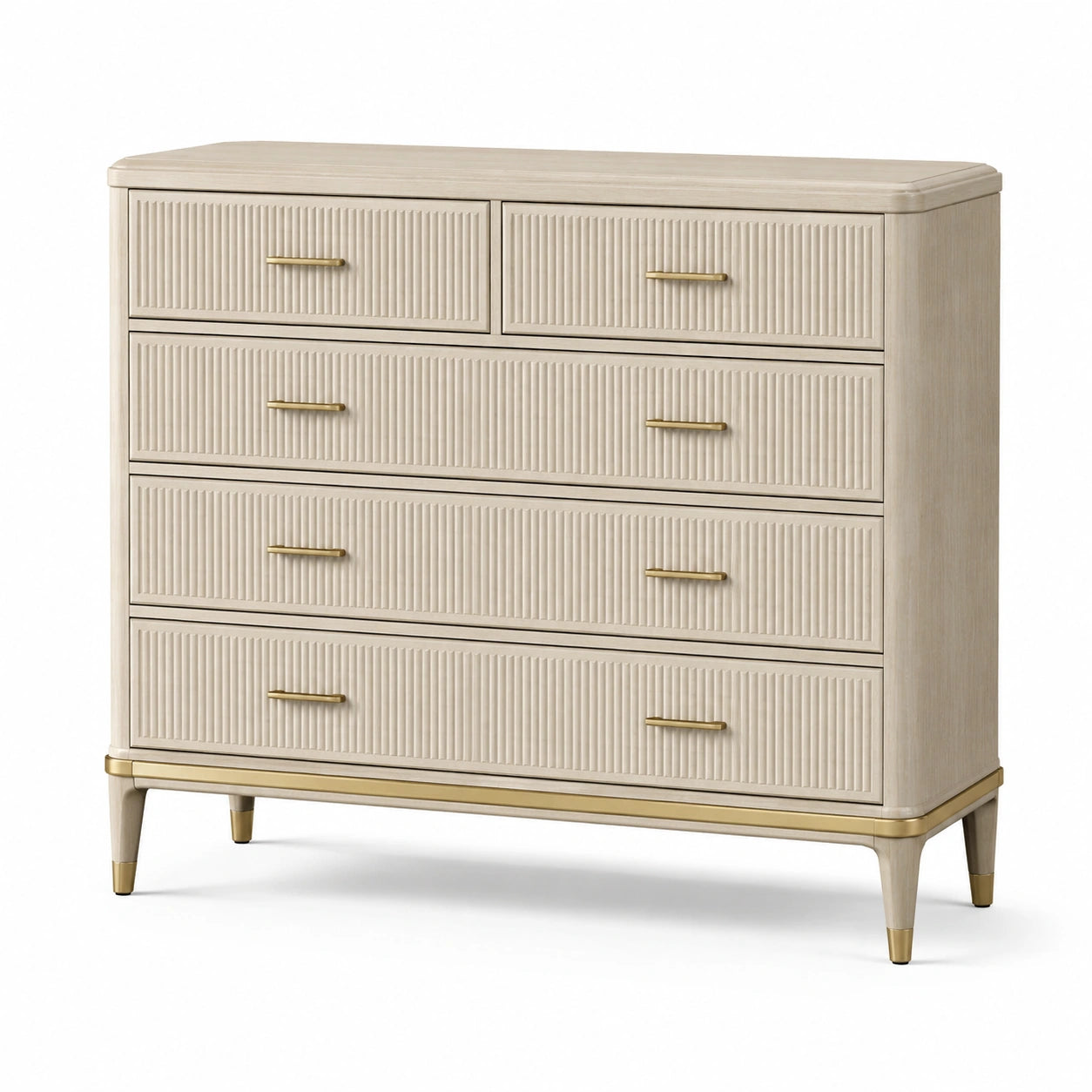Commode en bois de hêtre à 5 tiroirs avec poignées en alliage de zinc, beige