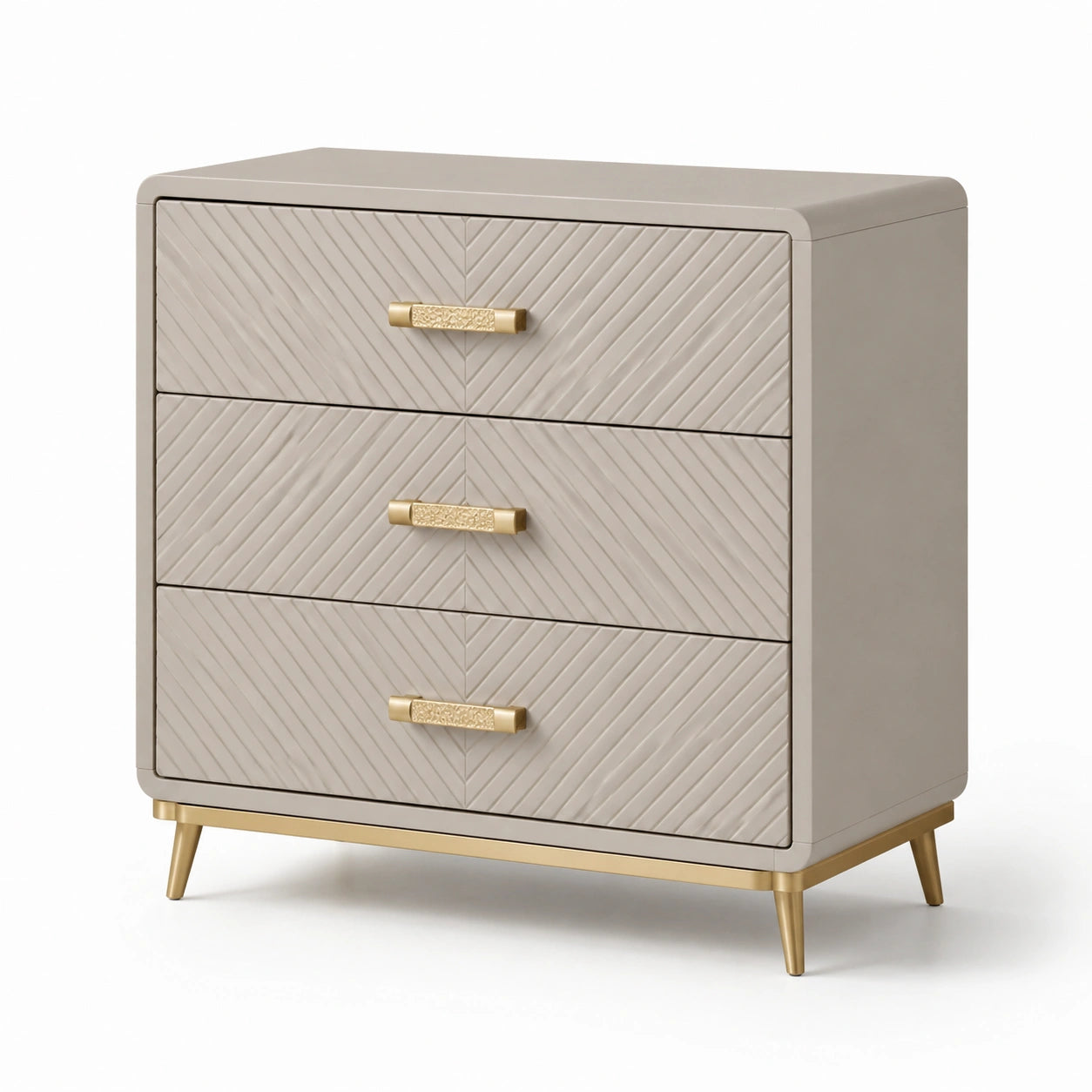 Commode 3 tiroirs bois MDF poignées métal doré taupe