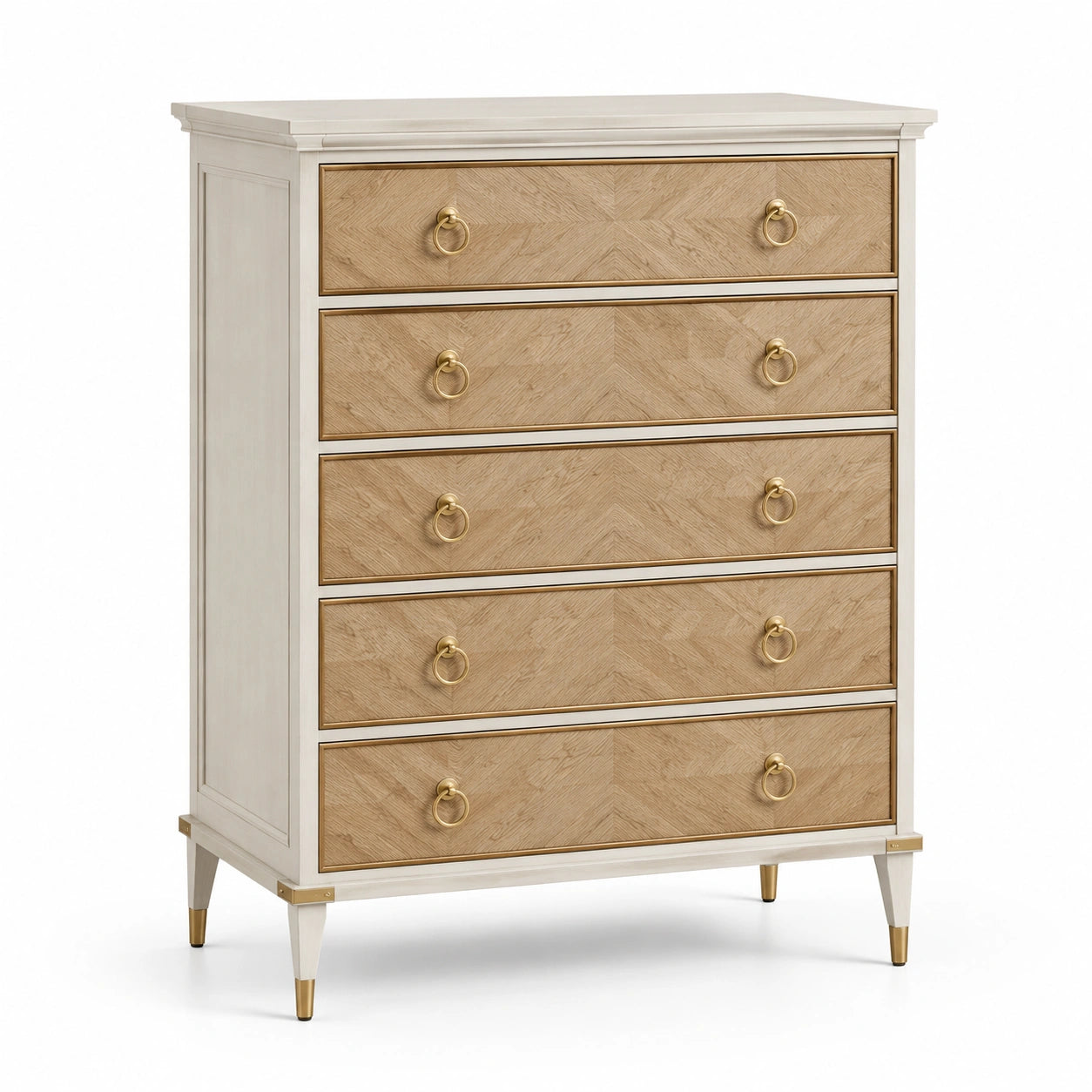 Commode 5 tiroirs en bois et métal doré
