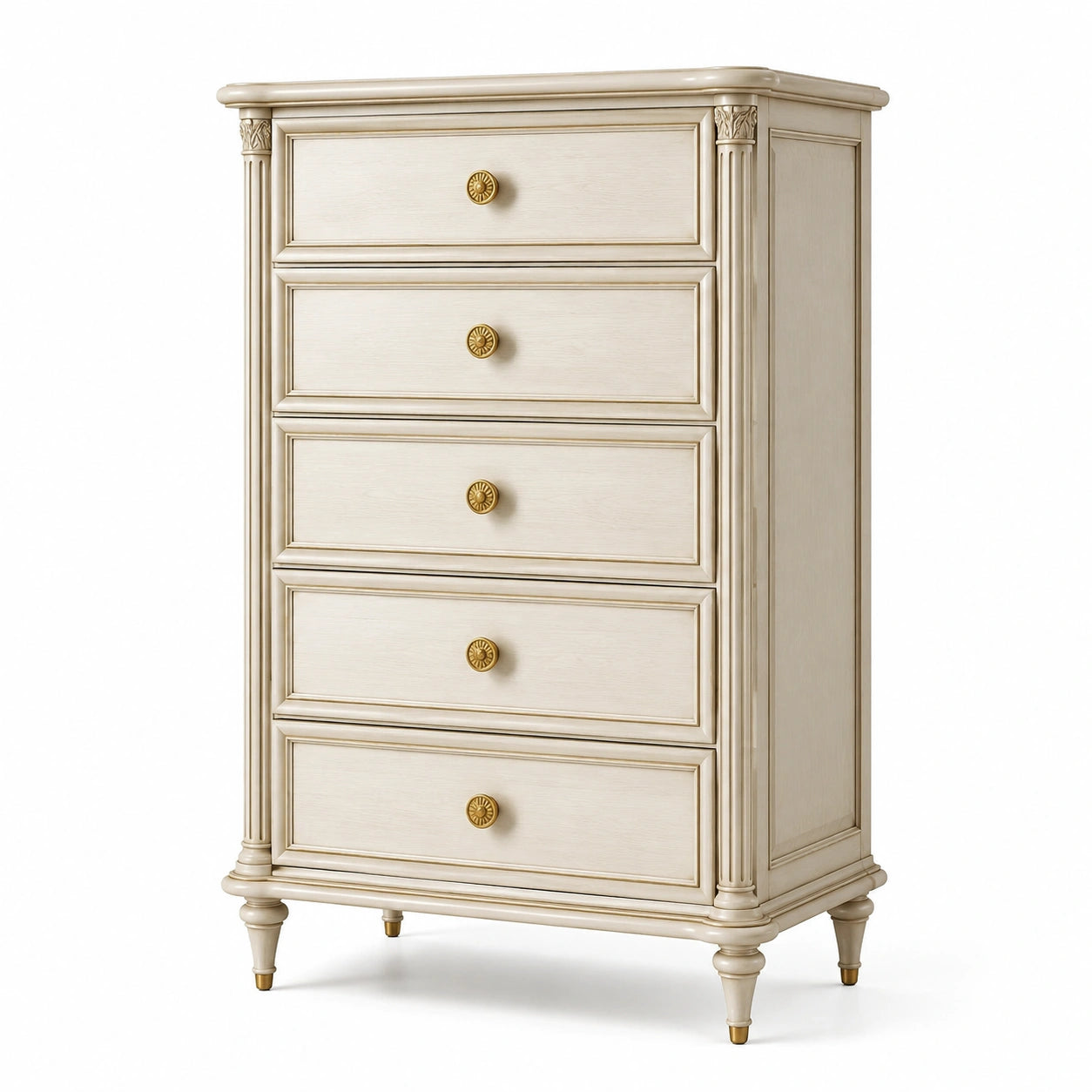 Commode en bois massif 5 tiroirs crème