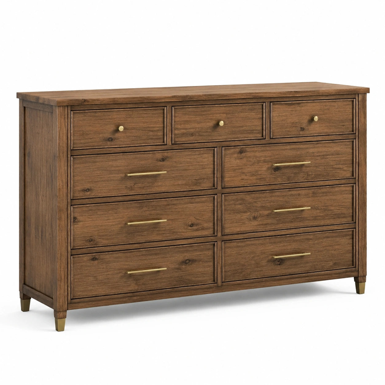 Commode en bois massif 9 tiroirs noyer avec poignées en laiton 140 cm