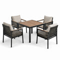 Ensemble de jardin en aluminium et bois avec chaises en résine tressée et coussins beiges pour 4 personnes
