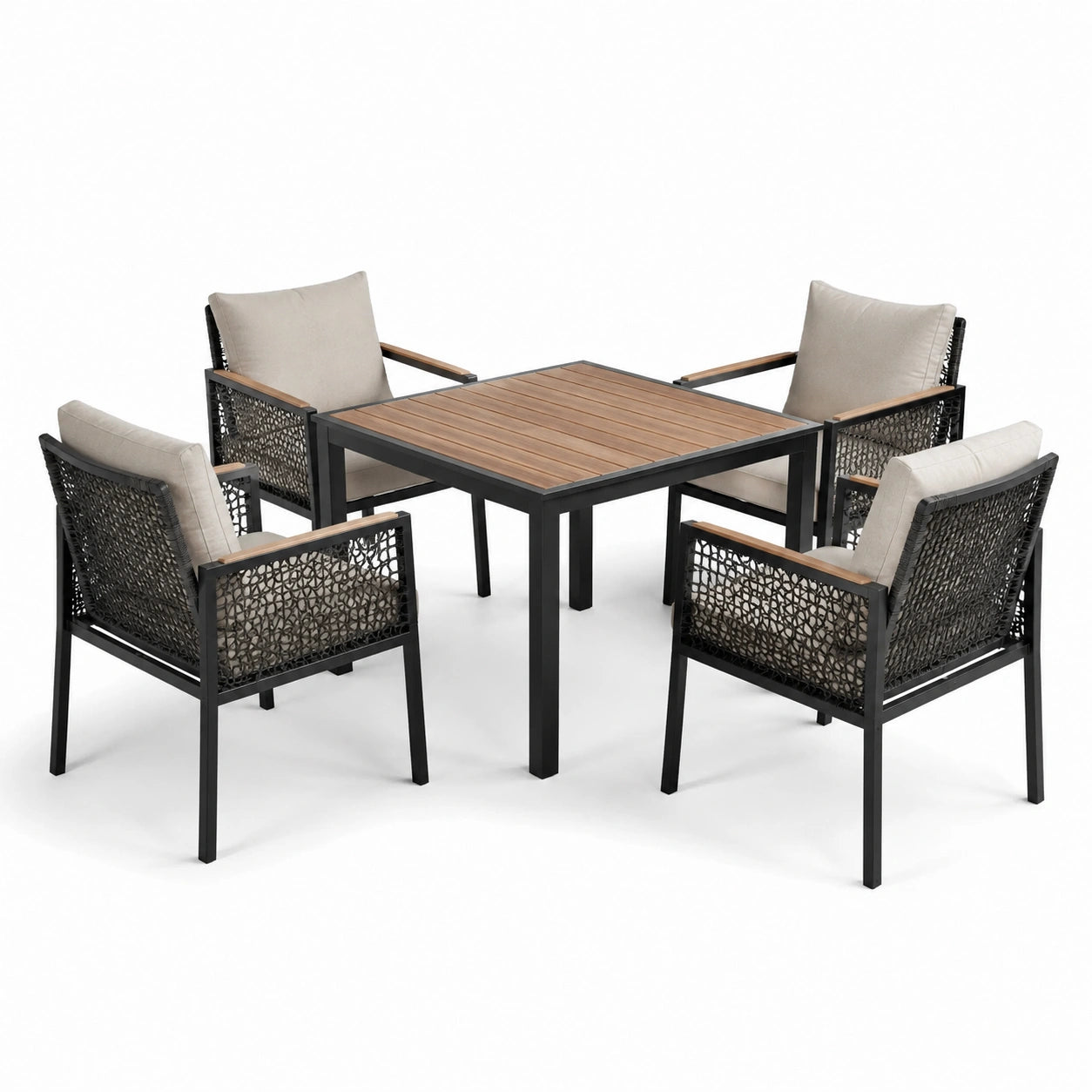 Ensemble de jardin en aluminium et bois avec chaises en résine tressée et coussins beiges pour 4 personnes