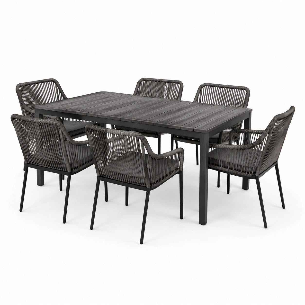 Ensemble de jardin aluminium et corde gris foncé avec table et 6 chaises