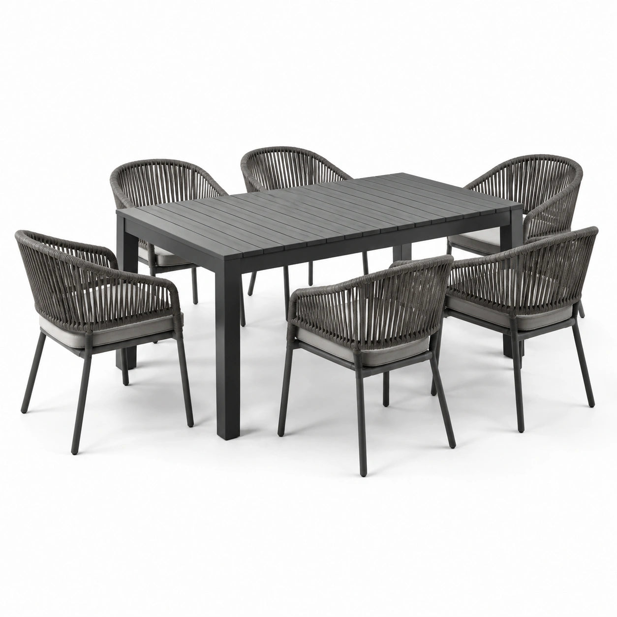 Ensemble de repas de jardin 7 pièces en aluminium et corde tressée gris
